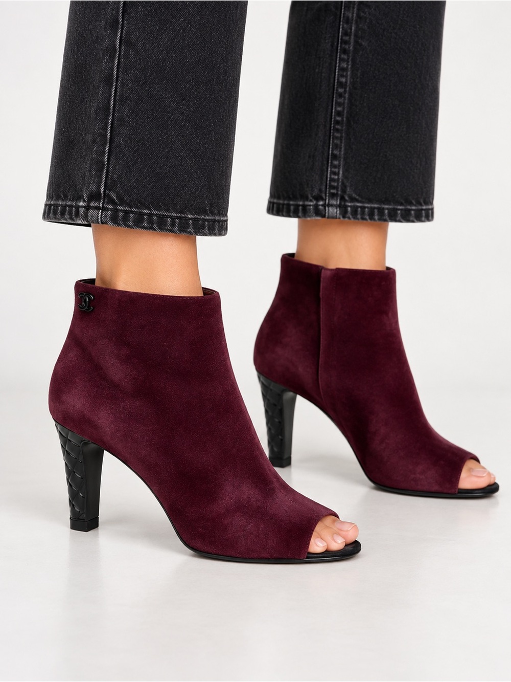 NEW Chanel Burgundy Suede Heeled Ankle Boots Open Toe CC Logo Quilted 39.5 $1400